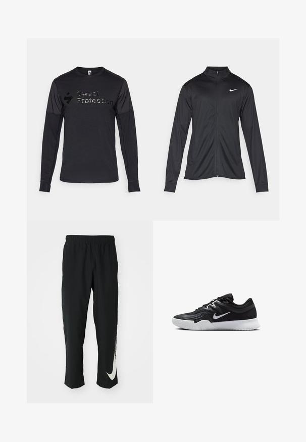 Melna sporta jaka ar garām piedurknēm, apkakli un pilnu rāvējslēdzēju. Uz kreisā krūts augšdaļas ir maigs Nike logo baltā krāsā. Gluda tekstūra.; Ilgi piedurkņu melna sporta krekls ar teksturētu audumu, ar spīdīgu "Sweet Protection" logo uz krūtīm. Mīksts un pieguļošs dizains.; Melni sporta bikses ar elastīgu jostasvīru, ar sašaurinātu dizainu, kurām uz kreisā kājas gabala ir liels balts Nike logo. Mīksts, viegls audums.; Melni sporta apavi ar teksturētu virsu, balto Nike zulumu un balto gumijas zoli. Iezīmējas ar auklu pievilkšanas dizainu un dinamisku formu.