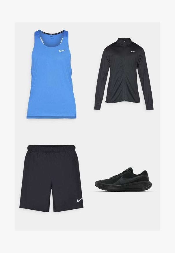 Schwarze Sportjacke mit langen Ärmeln, Kragen und voller Reißverschluss. Verfügt über ein dezentes Nike-Logo in Weiß auf der oberen linken Brust. Glatte Textur.; Blaues Nike Lauf-Tanktop mit rundem Halsausschnitt, ärmellosem Design und einer subtilen perforierten Textur. Logo-Akzent auf der Vorderseite.; Schwarze sportliche Shorts aus leichtem Material mit einem elastischen Bund. Auf der unteren linken Seite befindet sich ein kleines weißes Nike-Logo.; Schwarze sportliche Sneakers mit einem strukturierten Netzoberteil, Schnürdesign, dicke Sohle und prominentem schwarzen Nike Swoosh-Logo an der Seite.