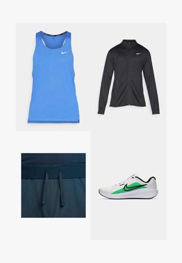 Giacca sportiva nera con maniche lunghe, colletto e zip completa. Presenta un logo Nike in bianco sulla parte superiore del lato sinistro del petto. Tessuto morbido.; Maglietta da corsa Nike blu con scollo rotondo, senza maniche e una trama per perforazione sottile. Accento con logo sulla parte anteriore.; Pantaloni sportivi blu scuro con una cintura liscia, cordoncini regolabili e un tessuto testurizzato.; Scarpa da ginnastica bianca con un accento verde, logo nero, tomaia in rete, suola ammortizzata e tacco arrotondato. Presenta lacci e dettagli a contrasto.
