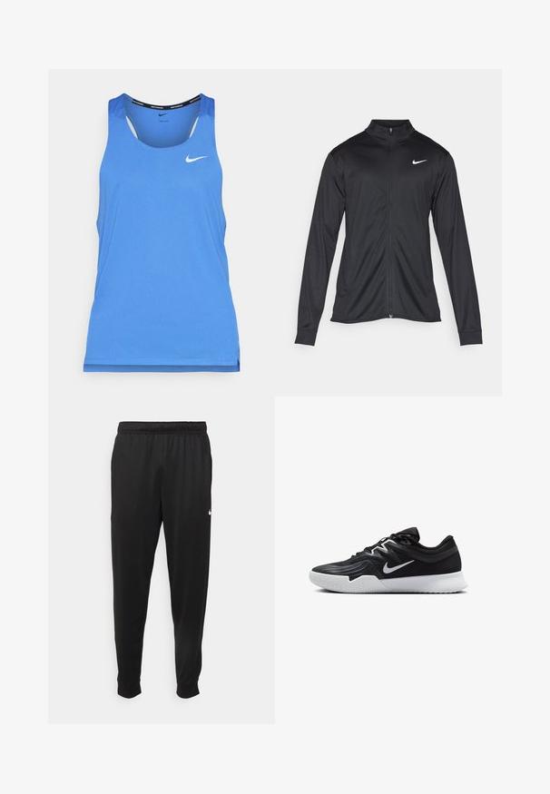 Jachetă sportivă neagră cu mâneci lungi, guler și fermoar complet. Prezintă un logo Nike subtil, alb, pe pieptul din stânga sus. Textură netedă.; Top de alergare Nike de culoare albastră, cu guler rotund, design fără mâneci și o textură perforată subtilă. Accesoriu cu logo pe partea din față.; Pantaloni sportivi negri dintr-o țesătură netedă, cu un elastic la brâu, picioare conice și un mic logo alb pe partea stângă.; Pantof sport negru cu un superior texturat, swoosh alb Nike și o tălpică din cauciuc alb. Dispune de un design cu șireturi și o formă dinamică.