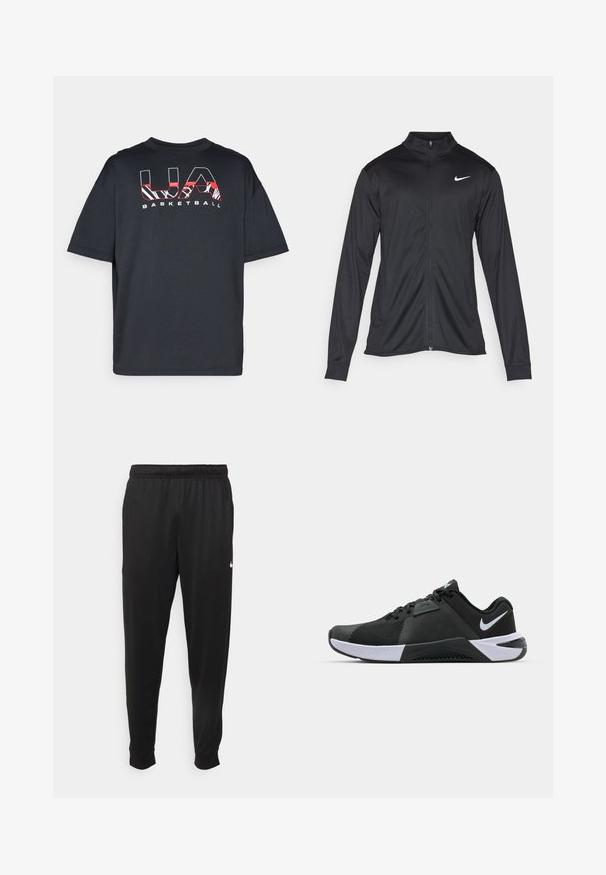Svart idrettsjakke med lange ermer, krage og full glidelås. Har en subtil Nike-logo i hvitt på øvre venstre bryst. Glatt tekstur.; Svart t-skjorte med kort erm og avslappet passform, med rødt og hvitt grafisk tekst "UA BASKETBALL" på forsiden. Myk stofftekstur.; Svarte treningsbukser laget av glatt stoff, med elastisk midje, smale ben og en liten hvit logo på venstre side.; Nike Performance METCON 10 - Treningssko - black/white/anthracite