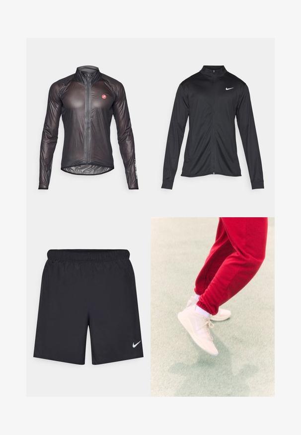 Fekete sportdzseki hosszú ujjal, gallérral és teljes cipzárral. Diszkrét fehér Nike logóval az upper bal mellen. Sima textúra.; Fekete, hosszú ujjú kerékpáros dzseki, könnyű, vékony anyagból készült. Teljes hosszúságú cipzárral és magas gallérral rendelkezik. Castelli logó a ruhaujján.; Fekete sportnadrág könnyű anyagból, rugalmas derékkal. A bal alsó oldalon egy kis fehér Nike-logó található.; Fehér sportcipők sima felülettel és hangsúlyos talppal, piros edzőnadrággal, amelynek bokarésze redőzött.