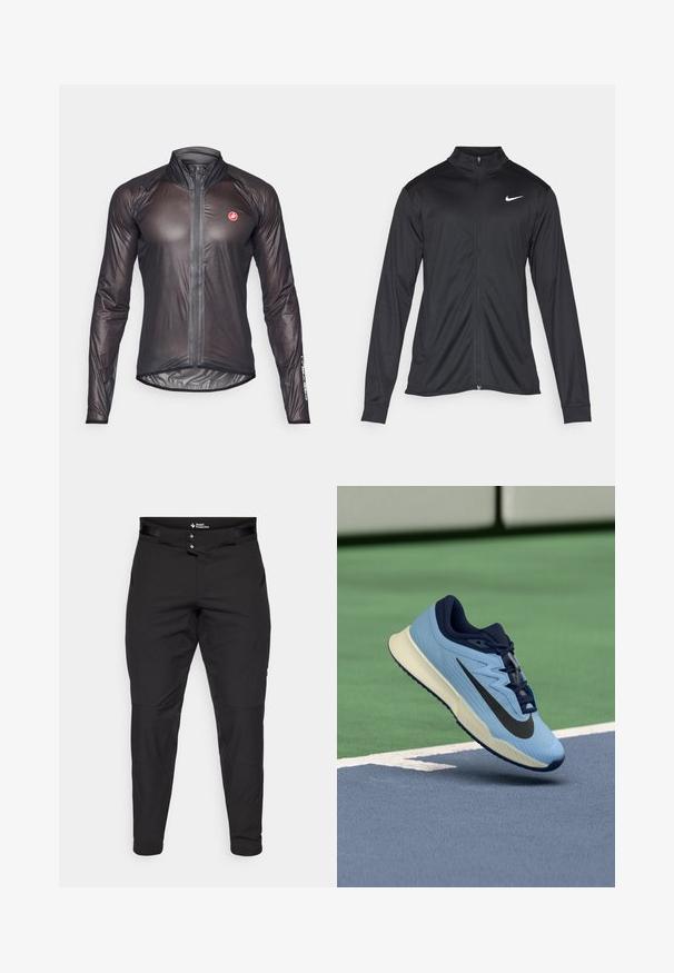 Sort atletisk jakke med lange ærmer, krave og fuld lynlås. Har et diskret Nike-logo i hvidt på den øverste venstre side af brystet. Glat tekstur.; Sort langærmet cykeljakke lavet af let, tyndt stof. Har en fuld længde lynlås og en høj krave. Castelli-logo på ærmet.; Sorte udendørsbukser lavet af letvægtsmateriale. Har en tætsiddende pasform, to knapper i taljen og forlommer. Glat tekstur.; Lyseblå sportsko med marineblå accenter, tekstureret mesh-overdel og sort Swoosh-logo. Har en polstret mellemsål og gummiydersål.