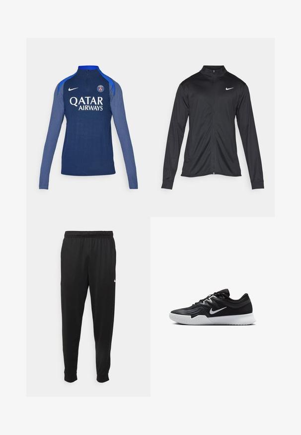 Sort atletisk jakke med lange ærmer, krave og fuld lynlås. Har et diskret Nike-logo i hvidt på den øverste venstre side af brystet. Glat tekstur.; Navy langærmet træningstrøje med halv lynlås, ribbet struktur, blå skulderdetaljer, med "QATAR AIRWAYS" logo og PSG emblem.; Sorte atletiske bukser lavet af glat stof, med elastisk talje, smalnende ben og et lille hvidt logo på venstre side.; Sort atletiksko med en tekstureret overdel, hvid Nike swoosh og en hvid gummisål. Har en snørret design og dynamisk form.