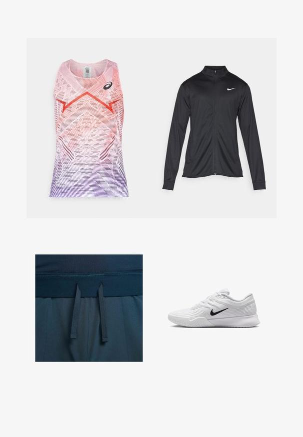 Giacca sportiva nera con maniche lunghe, colletto e zip completa. Presenta un logo Nike in bianco sulla parte superiore del lato sinistro del petto. Tessuto morbido.; Top atletico senza maniche in gradiente rosa e viola, caratterizzato da motivi geometrici e un logo nero. Realizzato in tessuto leggero e traspirante.; Pantaloni sportivi blu scuro con una cintura liscia, cordoncini regolabili e un tessuto testurizzato.; Scarpa da ginnastica bianca con tomaia in mesh testurizzato, logo Nike nero, collo imbottito e suola in gomma con un motivo di battistrada.