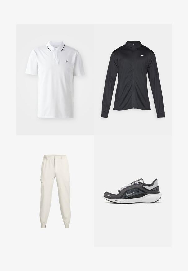 Juodas sportinis švarkas su ilgomis rankovėmis, apykakle ir pilnu užtrauktuku. Yra subtilus baltas Nike logotipas kairėje krūtinės pusėje. Lygus tekstūra.; Balta polo marškinėliai su trumpomis rankovėmis, dviejų mygtukų užsegimu ir juodu apvadu ant apykaklės. Ant krūtinės yra mažas juodas logotipas.; Šviesiai smėliniai džinsai su elastingu juosmeniu, šoninėmis kišenėmis ir rūbų juostelėmis; turi juodą logotipo akcentą kairėje klube.; Juodas ir pilkas sportinis batelis su tinkleliu viršuje, atspindinčiais akcentais ir balta vidurinė dalimi. Yra tekstūruota guminė išorinė pada ir raišteliai.