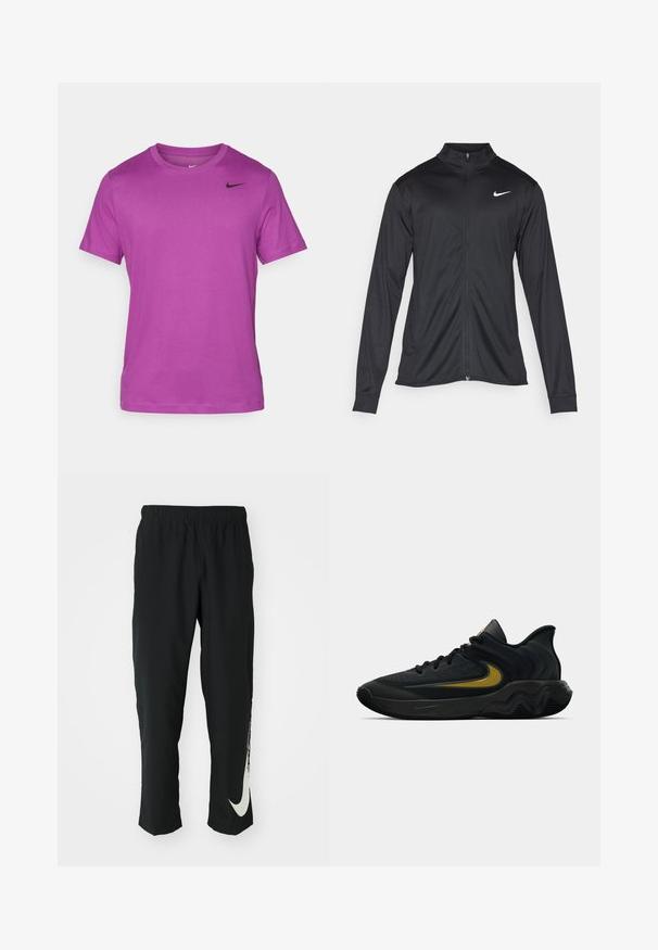 Musta urheilutakki pitkillä hihoilla, kauluksella ja kokonaisella vetoketjulla. Täydentää hienovarainen Nike-logo valkoisena vasemmassa ylärinnassa. Litteä pinta.; Lyhythihainen violetti t-paita, joka on valmistettu pehmeästä materiaalista. Sen kaulus on pyöreä ja vasemmassa yläkulmassa on musta Nike-logo.; Mustat urheiluhousut, joissa on joustava vyötärö, kapeneva muotoilu ja suuri valkoinen Nike-logo vasemmassa lahkeessa. Pehmeä, kevyt kangas.; Musta ja tummanharmaa urheilukenkä mustilla nauhoilla ja kultaisella swoosh-logolla, jossa on aaltoileva pohjakuvio ja pehmustettu kantapään kaulus.