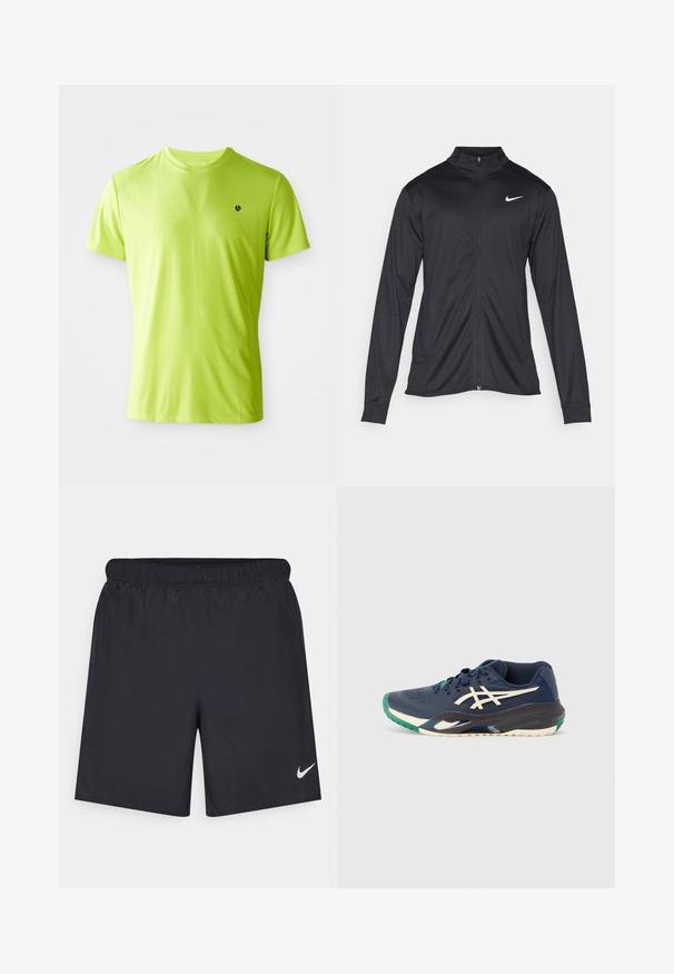 Crna sportska jakna s dugim rukavima, ovratnikom i punim patentnim zatvaračem. Ima suptilan Nike logo u bijeloj boji na gornjem lijevom dijelu prsne oznake. Glatka tekstura.; Svijetlo limeta zelena kratkotrajna atletska majica s kratkim rukavima, s malim crnim logotipom na lijevoj strani prsnog koša, prikazana na bijeloj pozadini.; Crne atletske kratke hlače od laganog materijala s elastičnom tačkom. Imaju mali bijeli Nike logo na donjoj lijevoj strani.; Morski sportski cipela s mrežastim gornjim dijelom, bijelim logotipom, zelenim naglaskom na prstima i višebojnim đonom. Pojednostavljeni dizajn s teksturiranom površinom.