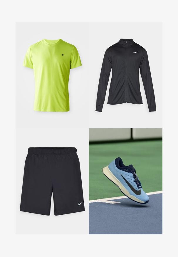 Fekete sportdzseki hosszú ujjal, gallérral és teljes cipzárral. Diszkrét fehér Nike logóval az upper bal mellen. Sima textúra.; Fényes lime zöld rövid ujjú sportpóló, a bal mellen egy kis fekete logóval, fehér háttér előtt.; Fekete sportnadrág könnyű anyagból, rugalmas derékkal. A bal alsó oldalon egy kis fehér Nike-logó található.; Világoskék sportcipő sötétkék részletekkel, texturált hálós felsőrésszel és fekete Swoosh logóval. Párnázott középtalppal és gumitalppal rendelkezik.