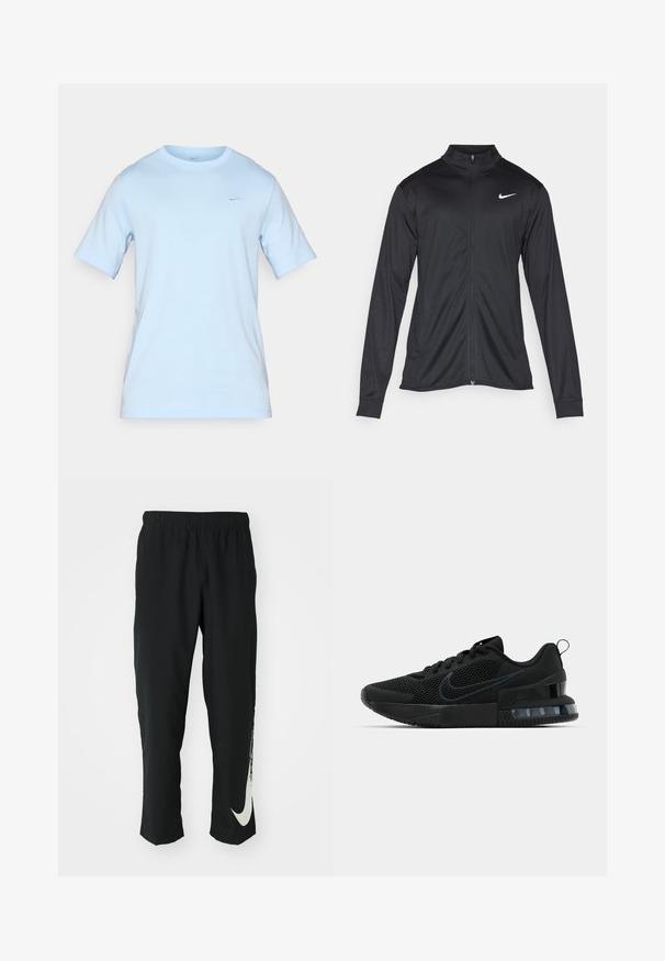 Must värvi sportlik jakk pikkade varrukatega, krae ja täispikk tõmblukk. Ülemises vasakus rinnas on diskreetne valge Nike logo. Sile tekstuur.; Hele sinine puuvillane T-särk ümarate krae ja lühikeste varrukatega. Omab väikest, tikandiga logo veidi tumedamas sinises. Minimalistlik disain.; Mustad mustad sportlikud püksid elastse vöökohtadega, kitseneva disainiga, millel on vasakul jalal suur valge Nike logo. Pehme, kerge kangas.; Mustad Nike tossud, millel on võrgust ülemine osa, tekstureeritud talla ja nähtav õhuüksus kandiosas. Detailid ja logo tumedamates musta varjundites.
