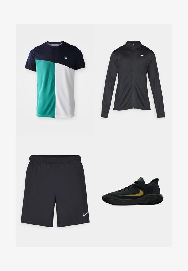 Melna sporta jaka ar garām piedurknēm, apkakli un pilnu rāvējslēdzēju. Uz kreisā krūts augšdaļas ir maigs Nike logo baltā krāsā. Gluda tekstūra.; Vīriešu īsām piedurknēm T-krekls ar tumši zilu augšdaļu, tirkīza kreiso paneli, baltu labo paneli un mazu logo kreisajā krūtī.; Melnas sporta šorti, izgatavoti no viegla materiāla, ar elastīgu jostu. Uz apakšējā kreisā stūra ir neliels balts Nike logo.; Melna un tumši pelēka sporta apavu pāris ar melnām auklām un zelta Swoosh logo, ar viļņotu zolītes dizainu un polsterētu papēdi.
