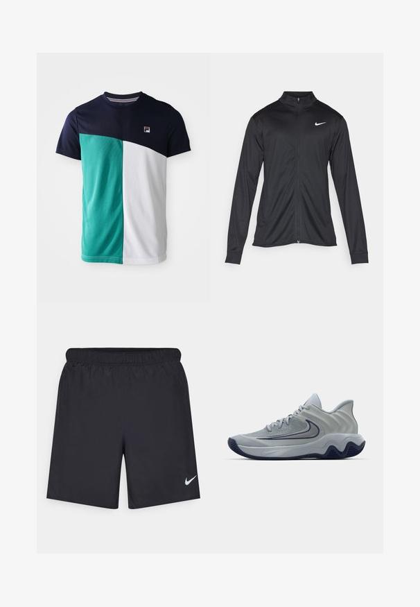 Jacket desportivo preto com mangas longas, colarinho e fecho zip completo. Apresenta um discreto logotipo da Nike em branco na parte superior do lado esquerdo do peito. Textura suave.; Camisa de homem de manga curta com parte superior em navy, painel esquerdo em teal, painel direito em branco e pequeno logótipo no lado esquerdo do peito.; Calças de desporto pretas feitas de material leve com uma cintura elástica. Apresenta um pequeno logótipo branco da Nike no canto inferior esquerdo.; Sapatilha atlética cinza com parte superior texturizada, acentos geométricos, colarinho almofadado e sola de borracha com um design ondulado. Logótipo da Nike visível.