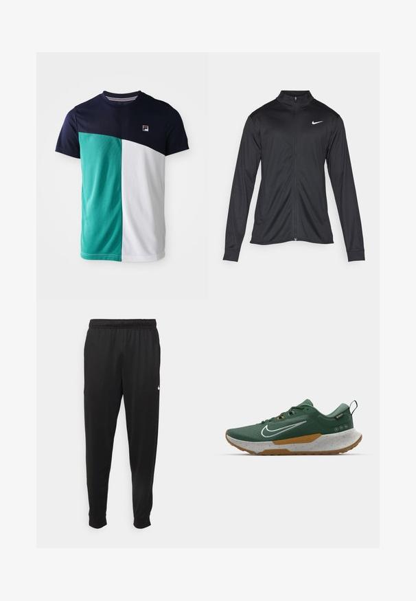Svart idrettsjakke med lange ermer, krage og full glidelås. Har en subtil Nike-logo i hvitt på øvre venstre bryst. Glatt tekstur.; Menns kortermet T-skjorte med marineblå overdel, teal venstre panel, hvitt høyre panel, og liten logo på venstre bryst.; Svarte treningsbukser laget av glatt stoff, med elastisk midje, smale ben og en liten hvit logo på venstre side.; Nike Performance JUNIPER - Løpesko for mark - fir/light silver/desert ochre/bright crimson/clay green/college grey