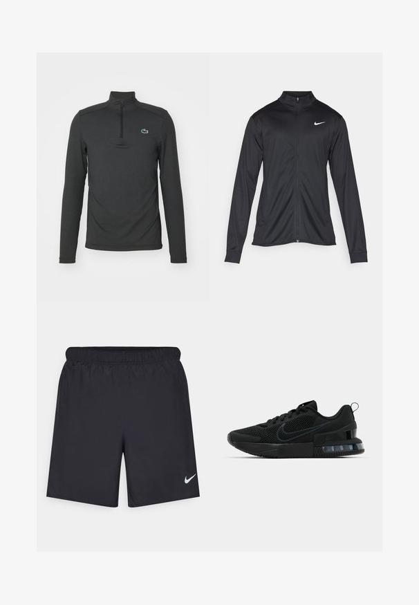 Melna sporta jaka ar garām piedurknēm, apkakli un pilnu rāvējslēdzēju. Uz kreisā krūts augšdaļas ir maigs Nike logo baltā krāsā. Gluda tekstūra.; Melnas garām piedurknēm džemperis ar ceturtdaļas rāvējslēdzēju apkaklē. Satur teksturētu audumu un mazu zaļu krokodila logotipu kreisajā krūtī.; Melnas sporta šorti, izgatavoti no viegla materiāla, ar elastīgu jostu. Uz apakšējā kreisā stūra ir neliels balts Nike logo.; Melnas Nike sporta kurpes ar sietu augšpusi, gumijas zoli, polsterētu apkakli un izteiktu caurspīdīgu papēdi.