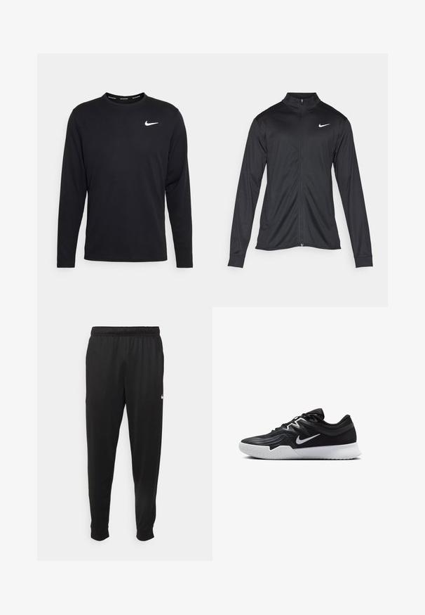 Musta urheilutakki pitkillä hihoilla, kauluksella ja kokonaisella vetoketjulla. Täydentää hienovarainen Nike-logo valkoisena vasemmassa ylärinnassa. Litteä pinta.; Mustahi panjang hitam Nike terbuat dari kain halus dengan logo Nike putih di dada kiri dan leher bulat.; Mustat urheiluhousut, jotka on valmistettu sileästä kankaasta. Niissä on joustava vyötärö, kapenevat lahkeet ja pieni valkoinen logo vasemmalla puolella.; Musta urheilukenkä, jossa on teksturoitu päällinen, valkoinen Nike-tikkaus ja valkoinen kumipohja. Kenkässä on nauhakuji ja dynaaminen muoto.