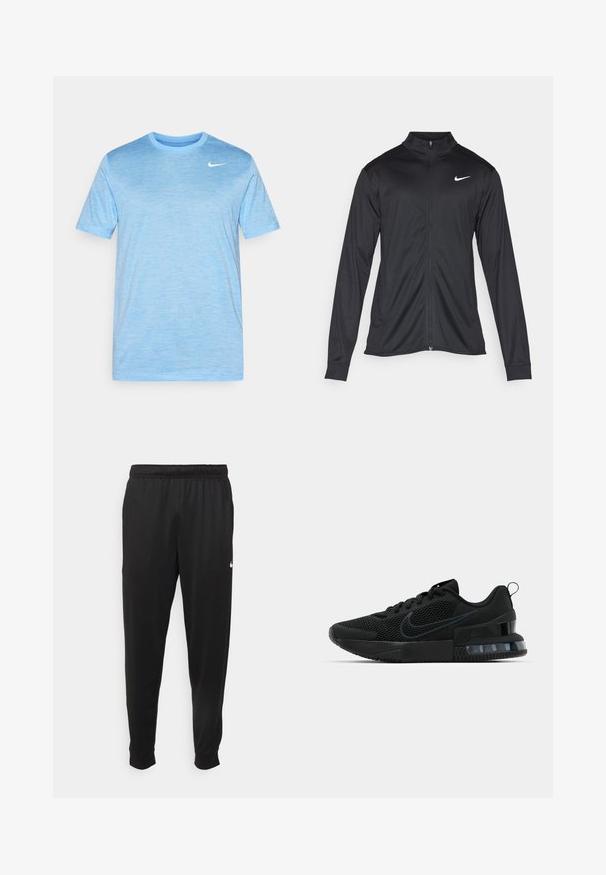 Svart idrettsjakke med lange ermer, krage og full glidelås. Har en subtil Nike-logo i hvitt på øvre venstre bryst. Glatt tekstur.; Lyseblå treningst-skjorte laget av teksturert stoff. Korte ermer, rund hals, har en liten hvit Nike-logo på brystet.; Svarte treningsbukser laget av glatt stoff, med elastisk midje, smale ben og en liten hvit logo på venstre side.; Svart Nike treningssko med mesh-overdel, gummisåle, polstret krage og en distinkt gjennomsiktig hældetalj.