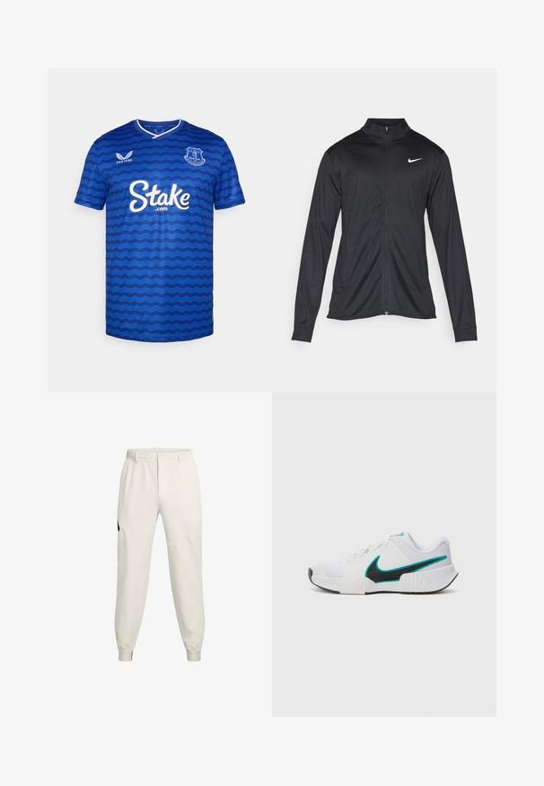 Černá sportovní bunda s dlouhými rukávy, límcem a plným zipem. Má decentní bílou logo značky Nike na horní levé části hrudi. Hladká textura.; Modrý fotbalový dres se zigzagovým vzorem, krátkými rukávy a výstřihem do V, s logem 'Stake.com' a znakem klubu Everton. Vyrobeno z prodyšného materiálu.; Světlé béžové joggingové kalhoty s elastickým pasem, bočními kapsami a žebrovanými manžetami; mají černý logo akcent na levém bocích.; Bílé sportovní tenisové boty s texturovaným síťovým vrškem, černou gumovou podrážkou a akcentem v barvě tyrkysové na logu Nike. Obsahují šněrování a polstrovaný límec.