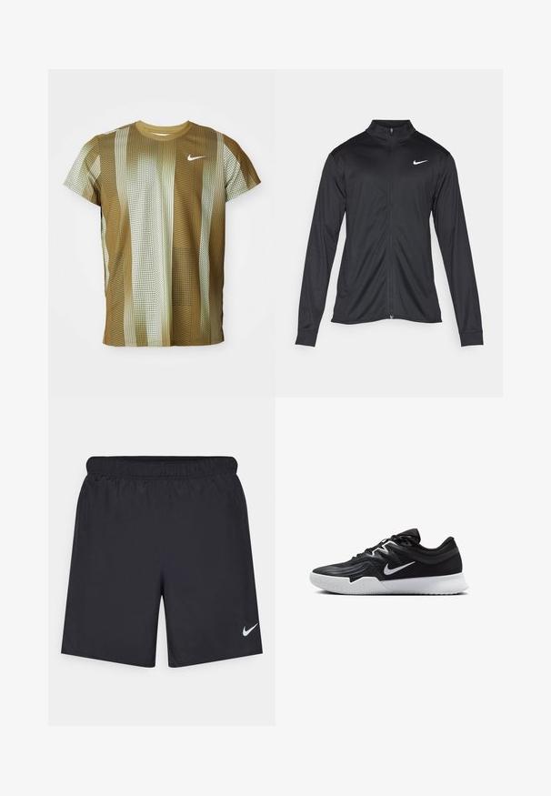 Chaqueta atlética negra con mangas largas, collar y cremallera completa. Presenta un sutil logo de Nike en blanco en la parte superior izquierda del pecho. Textura suave.; Camiseta de Nike de manga corta en tonos marrones y crema con patrones de rayas verticales y cuadros. Presenta un cuello redondo y un logo sutil.; Pantalones cortos deportivos negros hechos de un material ligero con una cintura elástica. Presenta un pequeño logo blanco de Nike en la parte inferior izquierda.; Zapatilla deportiva negra con parte superior texturizada, logo de Nike en blanco y suela de goma blanca. Tiene un diseño con cordones y una forma dinámica.