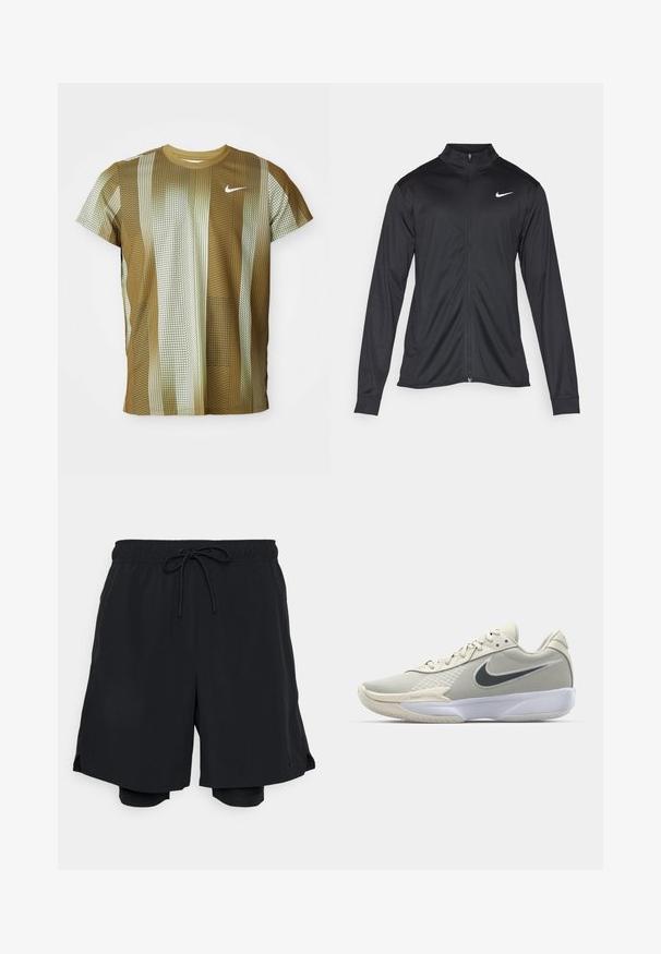 Černá sportovní bunda s dlouhými rukávy, límcem a plným zipem. Má decentní bílou logo značky Nike na horní levé části hrudi. Hladká textura.; Pánské tričko Nike s krátkým rukávem v odstínech hnědé a krémové s vertikálními pruhy a mřížkovanými vzory. Má kulatý výstřih a decentní logo.; Černé atletické šortky vyrobené z lehké tkaniny, s elastickým pasem a šňůrkou na stažení, a s přiléhavými vnitřními šortkami.; Bežové sportovní boty s texturovaným síťovaným svrškem, šněrovacím designem, tmavě šedým Nike swoosh, bílou podrážkou a brandingem "Zoom" na mezipodešvi.