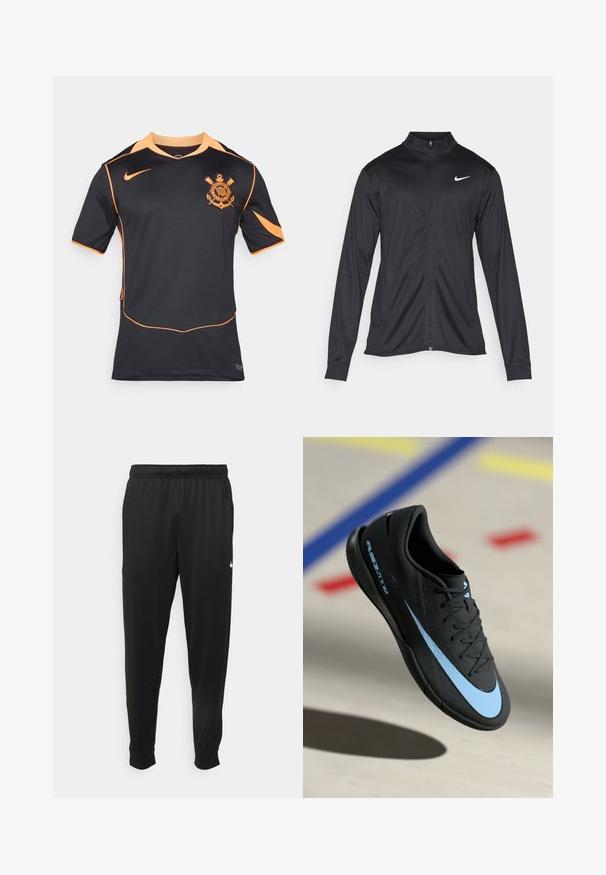 Must värvi sportlik jakk pikkade varrukatega, krae ja täispikk tõmblukk. Ülemises vasakus rinnas on diskreetne valge Nike logo. Sile tekstuur.; Must olnud must sportlik särk lühikeste varrukatega, millel on oranžid detailid ja logo vasakul rinnal. Valmistatud hingavast kangast.; Mustad mustekad athletic-püksid sujuvast kangast, elastse vöökoha, kitsenevate jalgade ja väikese valge logoga vasakul küljel.; Mustad mustus spordijalats siniste detailidega, tekstureeritud pind, lipsudega disain ja eristuv Nike logo. Kummist talla, millel on haardemustrid.