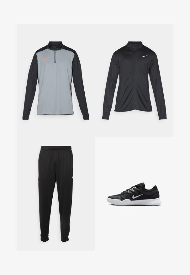 Black athletic jacket with long sleeves, collar, and full zipper. Features a subtle Nike logo in white on the upper left chest. Smooth texture.; Nike long-sleeve training top in light gray and black, featuring a quarter zip, contrasting side stripes, and an orange logo on the chest.; Black athletic pants made of smooth fabric, featuring an elastic waistband, tapered legs, and a small white logo on the left side.; Black athletic shoe with a textured upper, white Nike swoosh, and a white rubber outsole. Features a lace-up design and dynamic shape.