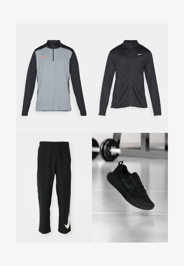 Jacket desportivo preto com mangas longas, colarinho e fecho zip completo. Apresenta um discreto logotipo da Nike em branco na parte superior do lado esquerdo do peito. Textura suave.; Camisola de treino de manga longa Nike em cinza claro e preto, com fecho de correr de um quarto, riscas laterais contrastantes e um logótipo laranja no peito.; Calças atléticas pretas com cintura elástica, design afunilado, apresentando um grande logótipo branco da Nike na perna esquerda. Tecido macio e leve.; Ténis desportivo preto com parte superior em malha texturizada, sola de borracha e um destacado logótipo swoosh escuro. Apresenta uma gola acolchoada e design com atacadores.