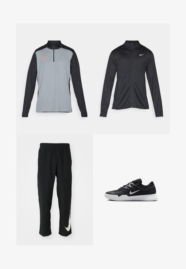 Crna sportska jakna s dugim rukavima, ovratnikom i punim patentnim zatvaračem. Ima suptilan Nike logo u bijeloj boji na gornjem lijevom dijelu prsne oznake. Glatka tekstura.; Nike majica za trening s dugim rukavima u svijetlosivoj i crnoj boji, sa četvrtastim zipom, kontrastnim bočnim trakama i narančastim logotipom na prsima.; Crne sportske hlače s elastičnim pojasom, suženi dizajn, sa velikim bijelim Nike logotipom na lijevoj nozi. Mekana, lagana tkanina.; Crna sportska cipela s teksturiranim gornjim dijelom, bijelim Nike swooshom i bijelim gumennim potplatom. Ima dizajn s vezanjem i dinamičan oblik.