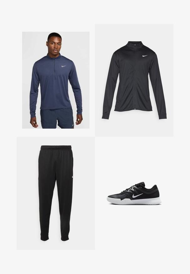 Jachetă sportivă neagră cu mâneci lungi, guler și fermoar complet. Prezintă un logo Nike subtil, alb, pe pieptul din stânga sus. Textură netedă.; Tricou sportiv cu mânecă lungă, de culoare bleumarin, cu fermoar parțial la gât, fabricat din material care absoarbe umiditatea; prezintă un logo discret Nike pe piept; textură netedă.; Pantaloni sportivi negri dintr-o țesătură netedă, cu un elastic la brâu, picioare conice și un mic logo alb pe partea stângă.; Pantof sport negru cu un superior texturat, swoosh alb Nike și o tălpică din cauciuc alb. Dispune de un design cu șireturi și o formă dinamică.
