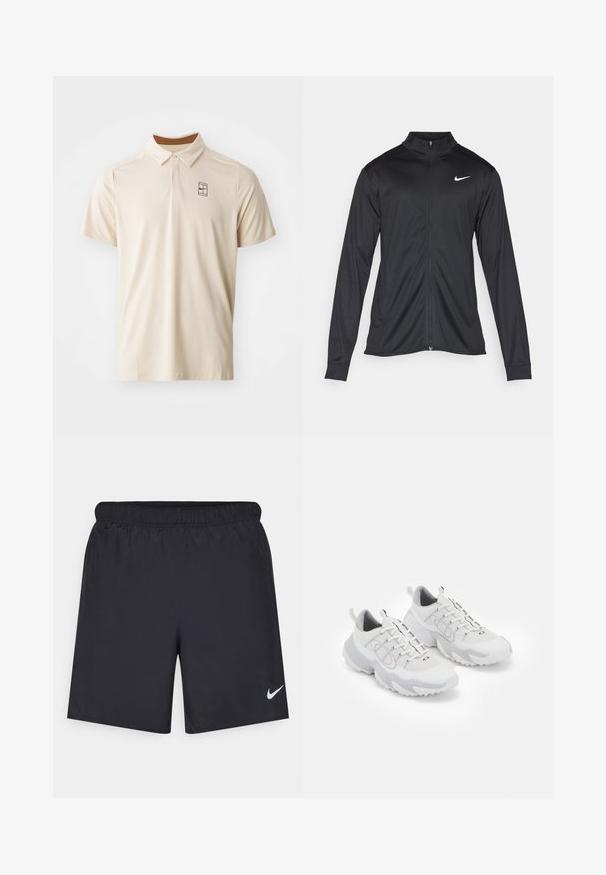 Must värvi sportlik jakk pikkade varrukatega, krae ja täispikk tõmblukk. Ülemises vasakus rinnas on diskreetne valge Nike logo. Sile tekstuur.; Beez värvi lühikeste varrukatega polo-särk, millel on kolm nööpiga krae ja esiküljel logo. Valmistatud siledast, tekstuurist kangast.; Mustad mustikud lühikesed püksid, mis on valmistatud kergest materjalist ja millel on elastne vöökoht. Alumisel vasakul küljel on väike valge Nike logo.; Valged spordijalatsid, millel on võrgust ülemine osa, hallid aktsendid, tekstuurne kummist talla ja tõmbenöörid kandis; sisaldavad paeltega sulgemist.
