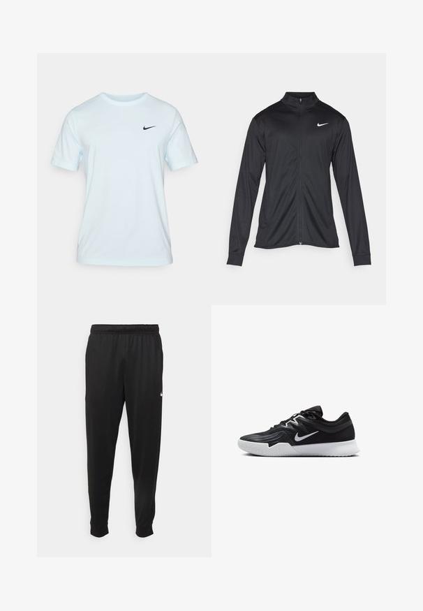 Musta urheilutakki pitkillä hihoilla, kauluksella ja kokonaisella vetoketjulla. Täydentää hienovarainen Nike-logo valkoisena vasemmassa ylärinnassa. Litteä pinta.; Nike Performance HYVERSE - Tekninen t-paita - glacier blue/black; Mustat urheiluhousut, jotka on valmistettu sileästä kankaasta. Niissä on joustava vyötärö, kapenevat lahkeet ja pieni valkoinen logo vasemmalla puolella.; Musta urheilukenkä, jossa on teksturoitu päällinen, valkoinen Nike-tikkaus ja valkoinen kumipohja. Kenkässä on nauhakuji ja dynaaminen muoto.