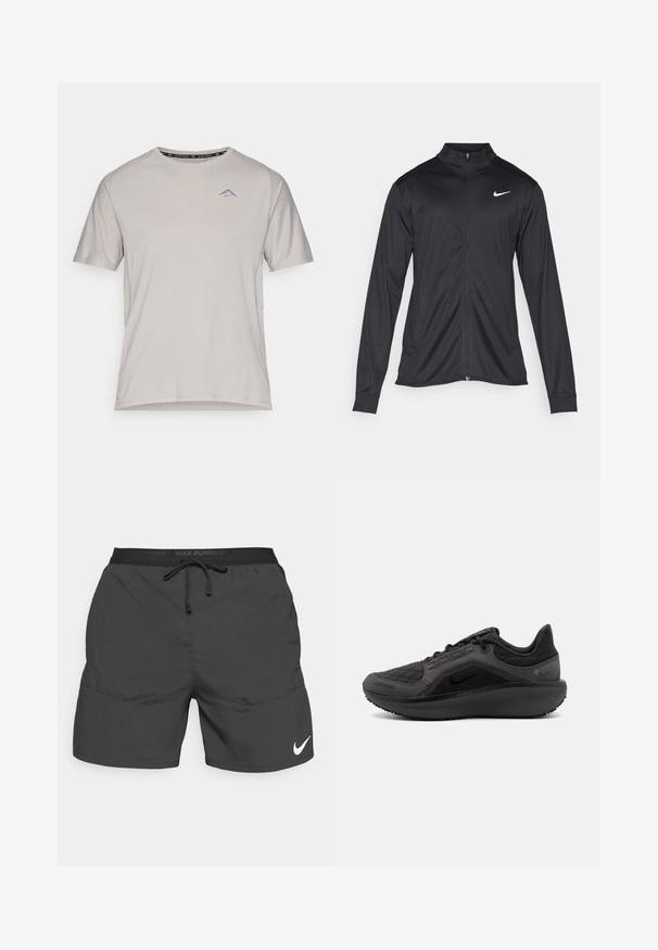 Svart idrettsjakke med lange ermer, krage og full glidelås. Har en subtil Nike-logo i hvitt på øvre venstre bryst. Glatt tekstur.; Lys grå t-skjorte med korte ermer og rund hals, med en blå logo på brystet og teksturerte sidesømmer for pusteevne.; Sorte løpeshorts med elastisk midjebånd, snor, sidelommer og hvit Nike-logo nederst på venstre bein.; Svart atletisk sko med teksturert quiltet overdel, slank design og svart gummisåle. Har synlig logo og Gore-Tex-merke.