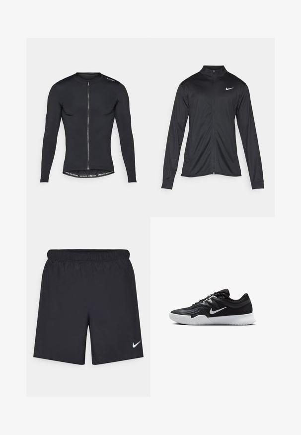 Crna sportska jakna s dugim rukavima, ovratnikom i punim patentnim zatvaračem. Ima suptilan Nike logo u bijeloj boji na gornjem lijevom dijelu prsne oznake. Glatka tekstura.; Crna biciklistička majica dugih rukava s prednjim patentnim zatvaračem, izrađena od glatkog materijala. Sadrži okrugli ovratnik i reflektirajući tekst na ramenu.; Crne atletske kratke hlače od laganog materijala s elastičnom tačkom. Imaju mali bijeli Nike logo na donjoj lijevoj strani.; Crna sportska cipela s teksturiranim gornjim dijelom, bijelim Nike swooshom i bijelim gumennim potplatom. Ima dizajn s vezanjem i dinamičan oblik.