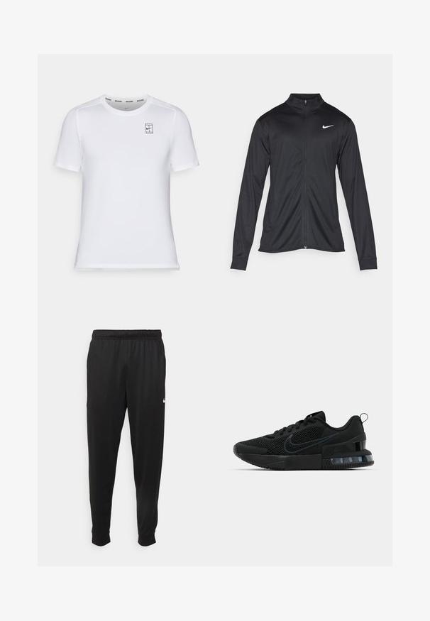 Jachetă sportivă neagră cu mâneci lungi, guler și fermoar complet. Prezintă un logo Nike subtil, alb, pe pieptul din stânga sus. Textură netedă.; Tricou sportiv alb cu mânecă scurtă, fabricat dintr-un material texturat, având un logo mic negru Nike și eticheta "NIKECOURT" pe guler.; Pantaloni sportivi negri dintr-o țesătură netedă, cu un elastic la brâu, picioare conice și un mic logo alb pe partea stângă.; Pantofii atletici negri Nike au un superior din plasă, talpă din cauciuc, guler căptușit și un accent distinct transparent în călcâi.
