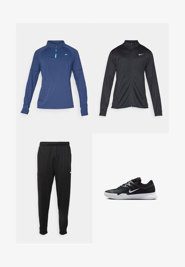 Svart idrettsjakke med lange ermer, krage og full glidelås. Har en subtil Nike-logo i hvitt på øvre venstre bryst. Glatt tekstur.; Marineblå langermet atletisk topp med halv-glidelås krage, blå aksenter, raglanermer og glatt, lett stoff.; Svarte treningsbukser laget av glatt stoff, med elastisk midje, smale ben og en liten hvit logo på venstre side.; Svart treningssko med teksturert overdel, hvit Nike-swoosh og hvit gummisåle. Har snøring og en dynamisk form.
