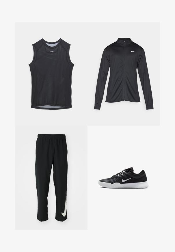 Black athletic jacket with long sleeves, collar, and full zipper. Features a subtle Nike logo in white on the upper left chest. Smooth texture.; Black sleeveless athletic top featuring mesh fabric, round neckline, and reinforced armholes. Minimalist design with subtle branding.; Black athletic pants with elastic waistband, tapering design, featuring a large white Nike logo on the left leg. Soft, lightweight fabric.; Black athletic shoe with a textured upper, white Nike swoosh, and a white rubber outsole. Features a lace-up design and dynamic shape.