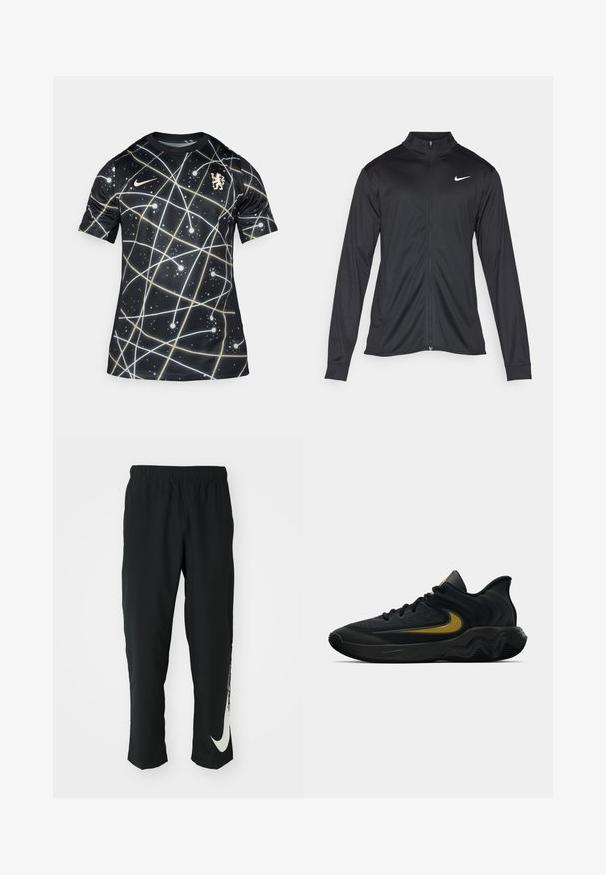 Fekete sportdzseki hosszú ujjal, gallérral és teljes cipzárral. Diszkrét fehér Nike logóval az upper bal mellen. Sima textúra.; Fekete Nike sportpóló, galaxis mintával, fehér és arany vonalakkal, rövid ujjú, a mellrészen oroszlán címerrel.; Fekete sportnadrág rugalmas derékpánttal, szűkített kialakítással, az előtérben egy nagy fehér Nike logóval a bal lábon. Puha, könnyű anyag.; Fekete és sötétszürke sportcipő fekete fűzővel és arany swoosh logóval, hullámos talpformával és párnázott sarokpánttal.