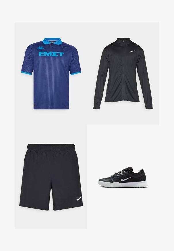 Jachetă sportivă neagră cu mâneci lungi, guler și fermoar complet. Prezintă un logo Nike subtil, alb, pe pieptul din stânga sus. Textură netedă.; Kappa Gara KOMBAT KALLITHEA - Bluză fotbal - blue twilight/blue/light orange tomato; Pantaloni scurți atletici negri, fabricați dintr-un material ușor, cu un talie elastică. Au un mic logo alb Nike în partea stângă jos.; Pantof sport negru cu un superior texturat, swoosh alb Nike și o tălpică din cauciuc alb. Dispune de un design cu șireturi și o formă dinamică.