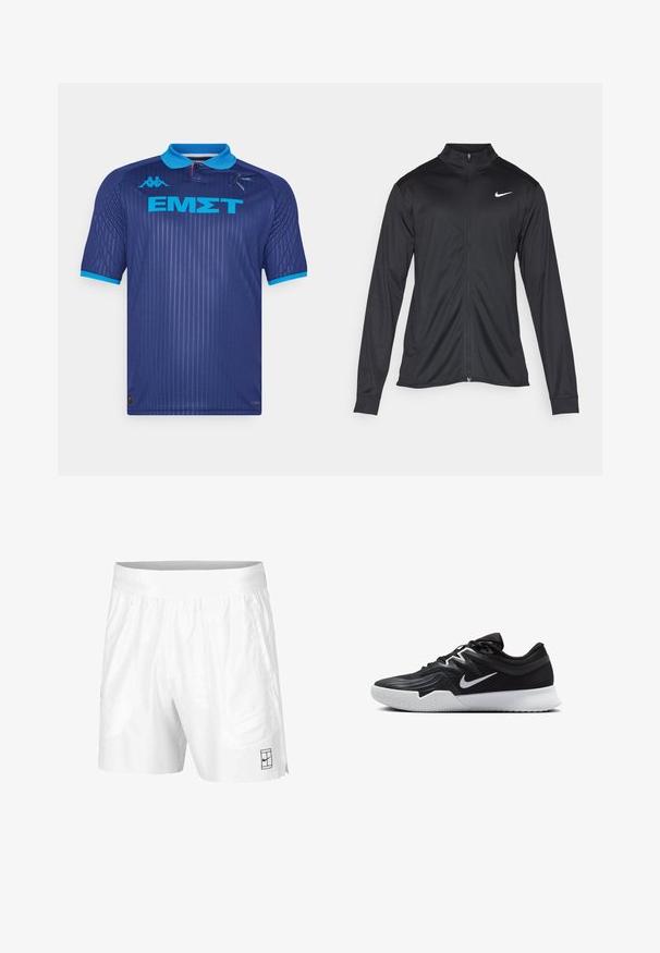 Čierna športová bunda s dlhými rukávmi, golierom a plným zipsom. Obsahuje nenápadné logo Nike v bielej farbe na hornej ľavej hrudi. Hladká textúra.; Kappa Gara KOMBAT KALLITHEA - Futbalový dres - blue twilight/blue/light orange tomato; Biele športové šortky z ľahkej tkaniny s elastickým pásom, obsahujúce dve bočné vrecká a malé čierne logo na leme.; Čierna športová topánka s textúrovaným zvrškom, bielym logom Nike a bielou gumovou podrážkou. Má šnurovací dizajn a dynamický tvar.
