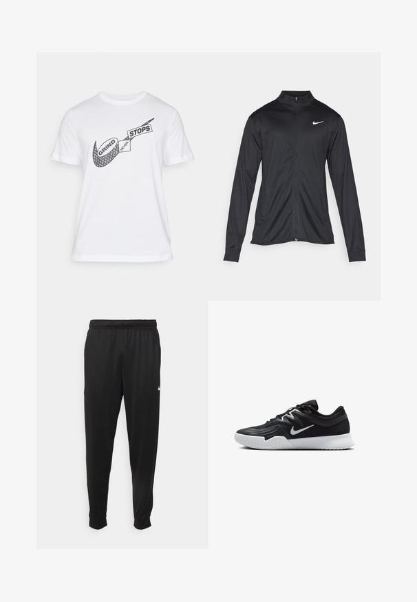 Črna atletska jakna z dolgimi rokavi, ovratnikom in polnim zadrgo. Vključuje diskreten bel Nike logotip na zgornjem levem delu prsnega koša. Gladka tekstura.; Nike Performance TEE GYM KIT - Športne majice - white; Črne športne hlače iz gladkega materiala, z elastičnim pasom, zoženimi hlačnicami in majhnim belim logotipom na levi strani.; Črne atletske čevlje z teksturirano zgornjico, belim Nike znakom in belim gumijastim zunanjim podplatom. Imajo vezalni dizajn in dinamično obliko.