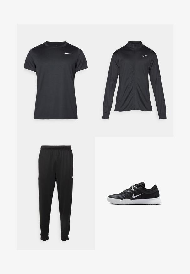 Černá sportovní bunda s dlouhými rukávy, límcem a plným zipem. Má decentní bílou logo značky Nike na horní levé části hrudi. Hladká textura.; Černé sportovní tričko Nike s krátkým rukávem, kulatým výstřihem, hladkou texturou a bílým logem na horní levé straně.; Černé sportovní kalhoty vyrobené z hladké tkaniny, s elastickým pasem, zúženými nohavicemi a malým bílým logem na levé straně.; Černá atletická bota s texturovaným svrškem, bílým logem Nike a bílou gumovou podrážkou. Disponuje šněrovacím designem a dynamickým tvarem.