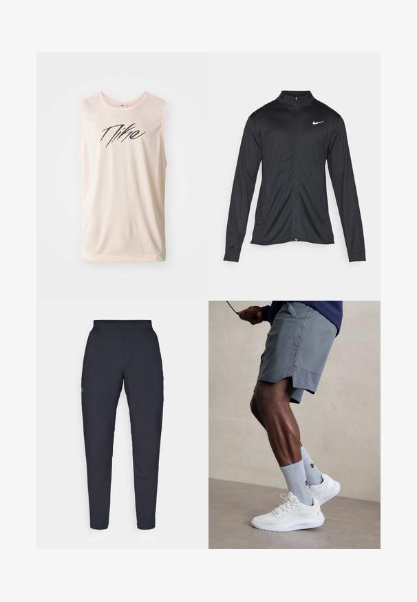 Čierna športová bunda s dlhými rukávmi, golierom a plným zipsom. Obsahuje nenápadné logo Nike v bielej farbe na hornej ľavej hrudi. Hladká textúra.; Mesková tielko v svetloružovej farbe s čiernym logom Nike. Okrúhly výstrih, bez rukávov, s mierne zakriveným lemom a textúrovanou tkaninou.; Čierne športové nohavice s hladkým povrchom, priliehavým strihom, elastickým pásom a bočnými vreckami. Obsahujú malé logo na ľavom stehne.; Biele atletické topánky s textúrovaným sieťovinovým zvrškom, v kombinácii so svetlomodrými rebrovanými ponožkami s logom. Šedé atletické šortky s perforovaným lemem.