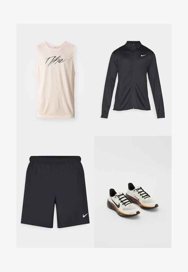Must värvi sportlik jakk pikkade varrukatega, krae ja täispikk tõmblukk. Ülemises vasakus rinnas on diskreetne valge Nike logo. Sile tekstuur.; Kerge roosa võrkkrae top, millel on must Nike logo. Ümar kaelus, ilma varrukateta, kergelt kõver hem ning tekstureeritud kangas.; Mustad mustikud lühikesed püksid, mis on valmistatud kergest materjalist ja millel on elastne vöökoht. Alumisel vasakul küljel on väike valge Nike logo.; Nike jooksujalatsid, millel on valge võrgusilma pealis, mustad paelte, oranž ja must talla koos täpikeste detailidega ning hingav disain.