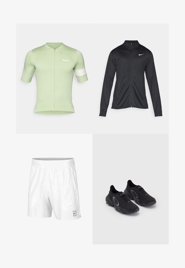 Jachetă sportivă neagră cu mâneci lungi, guler și fermoar complet. Prezintă un logo Nike subtil, alb, pe pieptul din stânga sus. Textură netedă.; Jersey de ciclism verde deschis cu fermoar frontal, mâneci scurte și accente albe pe brațul stâng. Fabricat dintr-un material neted și ajustat.; Pantaloni scurți albi de atletism realizați dintr-un material ușor, cu un brad elastic la talie, având două buzunare laterale și un mic logo negru pe tiv.; Tenisi negri slip-on cu un superior texturat și talpă din cauciuc. Au un accent circular gri și o bandă elastică pe partea instep-ului pentru o potrivire confortabilă.