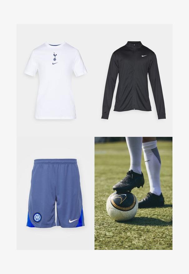 Chaqueta atlética negra con mangas largas, collar y cremallera completa. Presenta un sutil logo de Nike en blanco en la parte superior izquierda del pecho. Textura suave.; Camiseta de algodón blanca con cuello redondo, que presenta un gráfico en azul marino de un gallo sobre una pelota de fútbol y un logo de Nike abajo.; Pantalones cortos deportivos grises con un panel lateral azul, que presentan un logo negro y azul en la pierna izquierda y un swoosh blanco de Nike en el lado derecho.; Botín de fútbol negro sobre un balón de fútbol con patrón blanco y negro, reposando sobre césped verde. El botín presenta un material texturizado y cordones.