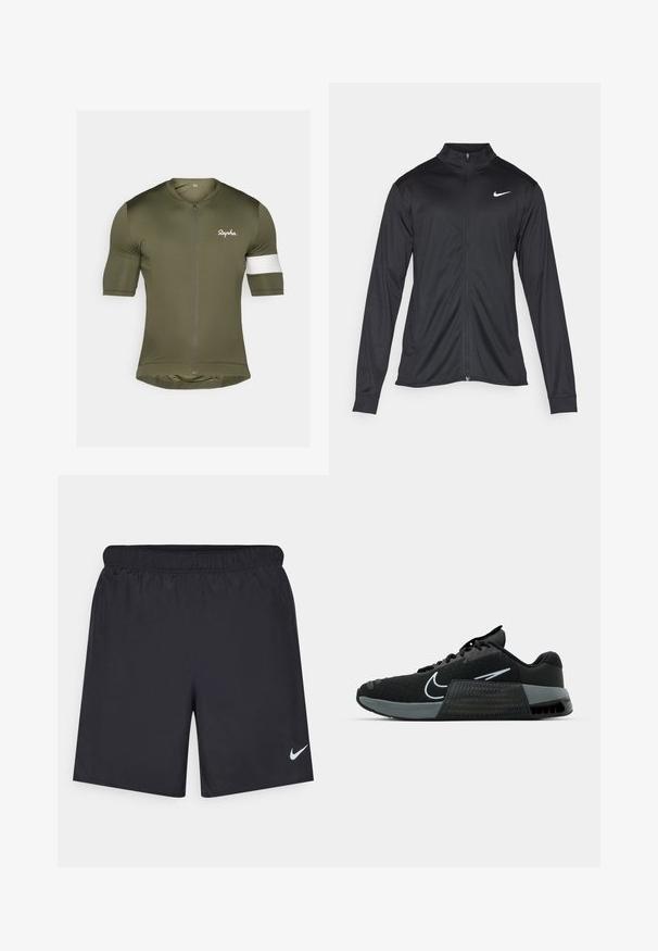 Svart idrettsjakke med lange ermer, krage og full glidelås. Har en subtil Nike-logo i hvitt på øvre venstre bryst. Glatt tekstur.; Kortermet sykkelt-skjorte i olivengrønn med glidelås foran, hvit skulderdetalj og "Rapha"-logo i hvitt på brystet.; Svart sportskjørt laget av lett materiale med elastisk linning. Har en liten hvit Nike-logo nederst til venstre.; Svart atletisk sko med mesh-overdel, grå detaljer og teksturert såle. Har en fremtredende logo og snøring. Gummisåle for godt grep.