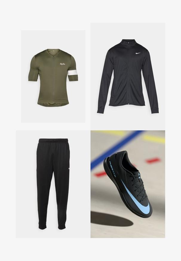 Sort atletisk jakke med lange ærmer, krave og fuld lynlås. Har et diskret Nike-logo i hvidt på den øverste venstre side af brystet. Glat tekstur.; Kortærmet cykeltrøje i olivengrøn, med lynlås foran, hvid skulderaccent og "Rapha" logo i hvidt på brystet.; Sorte atletiske bukser lavet af glat stof, med elastisk talje, smalnende ben og et lille hvidt logo på venstre side.; Sort atletiksko med blå accenter, tekstureret overflade, snørelukning og det karakteristiske Nike-logo. Gummisål med grebsmønstre.