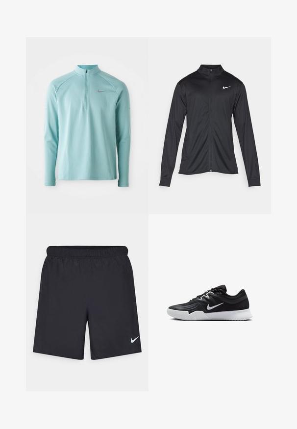Zwarte sportjack met lange mouwen, kraag en volle rits. Voorzien van een subtiele Nike-logo in het wit op de bovenste linkerborst. Soepele textuur.; Lichtblauw langemouwen shirt met een rits-nek, textuurstof en een grijs Nike-logo op de borst. Beschikt over raglan-mouwen.; Zwarte sportshorts gemaakt van lichtgewicht materiaal met een elastische tailleband. Voorzien van een klein wit Nike-logo aan de onderzijde aan de linkerkant.; Zwarte sportieve schoen met een gestructureerde bovenkant, witte Nike swoosh en een witte rubberen zool. Beschikt over een veterontwerp en een dynamische vorm.
