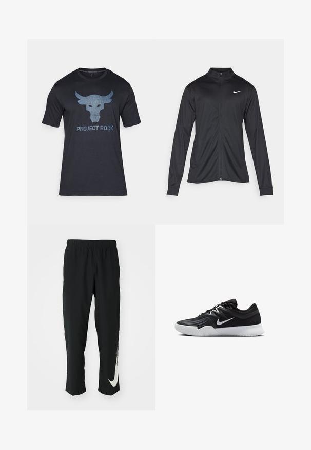 Zwarte sportjack met lange mouwen, kraag en volle rits. Voorzien van een subtiele Nike-logo in het wit op de bovenste linkerborst. Soepele textuur.; Under Armour BRAHMA BULL - T-shirt print - black/downpour gray; Zwarte sportbroeken met elastische tailleband, taps toelopend ontwerp, met een groot wit Nike-logo op het linkerbeen. Zachte, lichte stof.; Zwarte sportieve schoen met een gestructureerde bovenkant, witte Nike swoosh en een witte rubberen zool. Beschikt over een veterontwerp en een dynamische vorm.