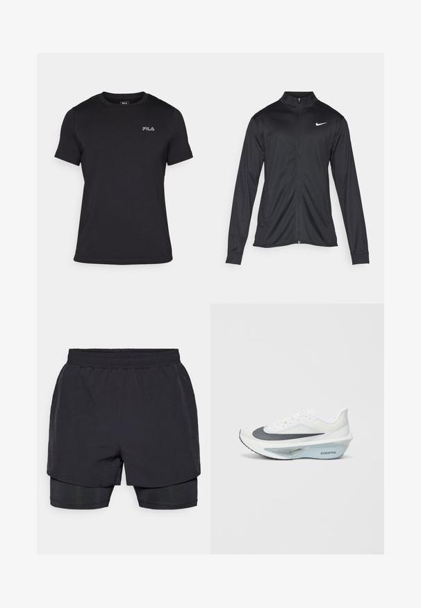 Black athletic jacket with long sleeves, collar, and full zipper. Features a subtle Nike logo in white on the upper left chest. Smooth texture.; Black short-sleeve T-shirt made of cotton, featuring a ribbed crew neck and a small, gray FILA logo on the left chest.; Black athletic shorts with an elastic waistband, layered design, and a fitted inner lining. Smooth texture, designed for comfort.; White athletic shoe with a grey mesh upper, a blue ZoomX foam midsole, and a curved outsole for enhanced propulsion and comfort.
