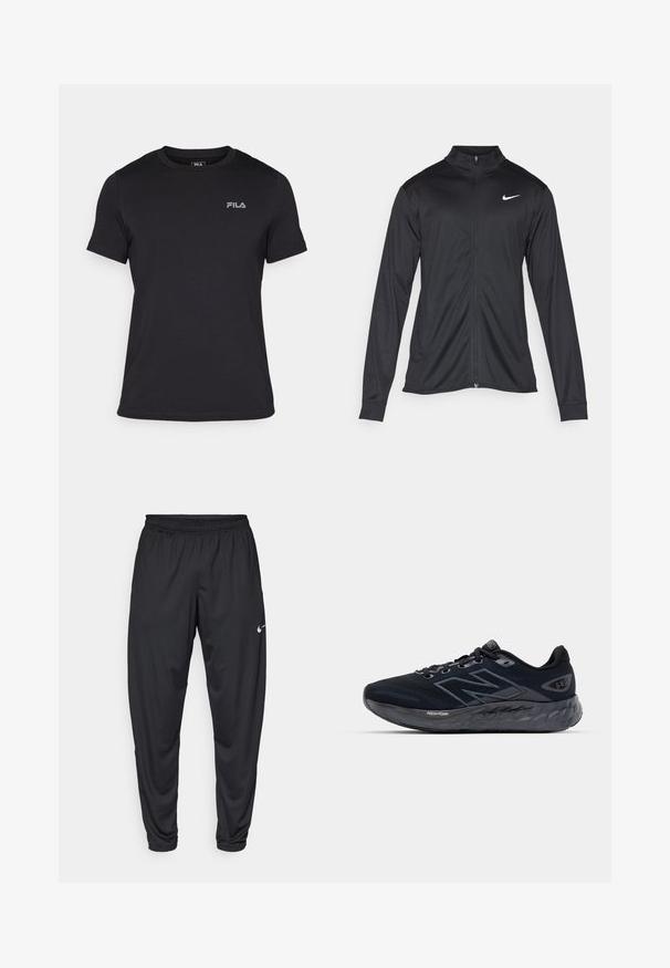 Svart idrettsjakke med lange ermer, krage og full glidelås. Har en subtil Nike-logo i hvitt på øvre venstre bryst. Glatt tekstur.; Svart kortermet T-skjorte laget av bomull, med ribbet rund hals og en liten grå FILA-logo på venstre bryst.; Svarte treningbukser med elastisk midje, avsmalnende ben og en liten hvit Nike-logo på venstre lår. Glatt stoff, ingen mønstre.; Menns løpesko i svart mesh med en tykk grå såle, sirkulær tekstur og reflekterende detaljer. Har "New Balance"-logoen på siden.